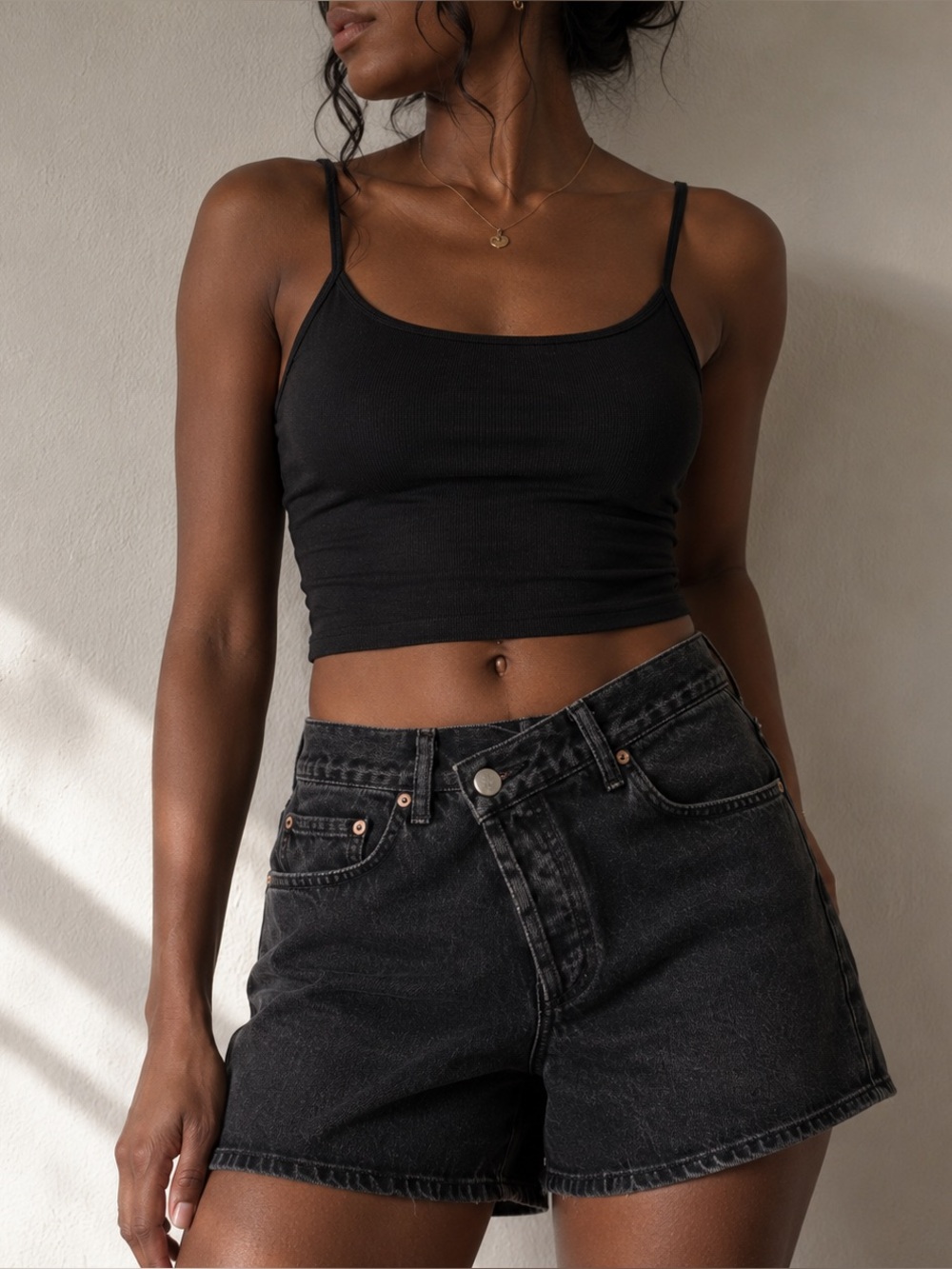 Agolde Washed Black Criss Cross Denim Shorts Asymmetrical Waist Size 25 Indie